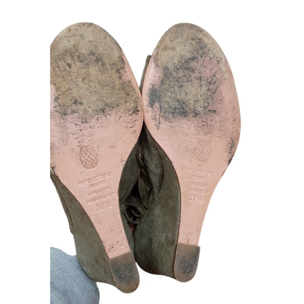 Aquazzura 85mm Sexy Thing Suede Wedge Sandals Olive Truffle Size 37.5 - Picture 9 of 10